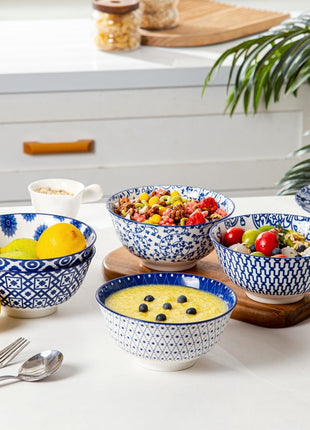 Ceramic Soup Bowls Set - 24 Oz Deep Cereal Bowl - 6 Inch Large Porcelain Dinner Bowl Eating Salad Pasta Dessert Oatmeal - Microwave Dishwasher Safe - Set of 6 - Vintage Blue