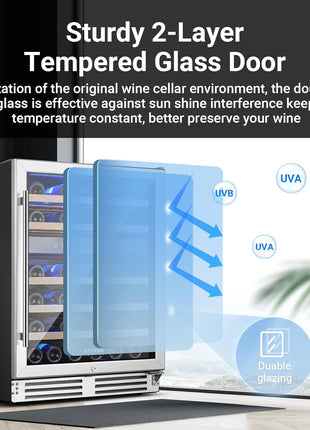 COOLER Wine Cellar with Glass Door,24 Inch Dual Zone Wine Refrigerator,Wine Fridge Double-Layer Tempered,Silent Cooling Hold 46 Bottles Red,Rose Sparkling Wines,Temperature Memory Function