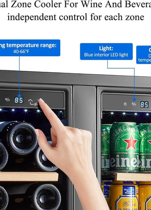 COOLER Wine Cellar with Glass Door,Dual Zone Wine Beverage Cooler,24 Inch Beverage Refrigerator under Counter Hold 19 Bottles and 57 Cans Soda Drinks,Compressor Cooling,Built-In Freestanding