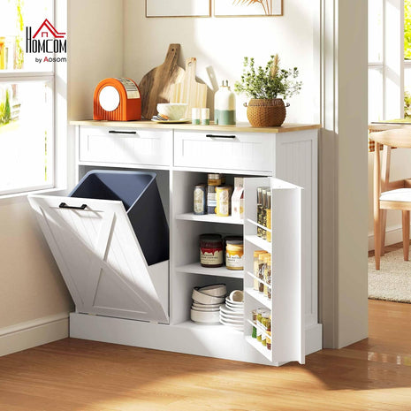 Farmhouse Tilt Out Garbage Cabinet, 10 Gallon Freestanding Kitchen Island with 2 Drawers and Spice Rack, Trash Cabinet with Storage for Dining Room, Hallway, White