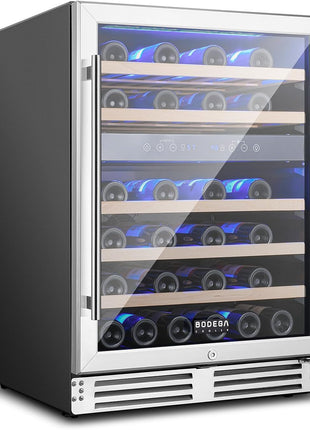 COOLER Wine Cellar with Glass Door,24 Inch Dual Zone Wine Refrigerator,Wine Fridge Double-Layer Tempered,Silent Cooling Hold 46 Bottles Red,Rose Sparkling Wines,Temperature Memory Function