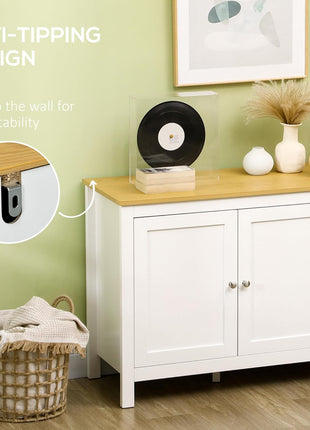 Sideboard Buffet Storage Cabinet, Coffee Bar Cabinet with Natural Wood Effect Top, 3 Doors and 2 Adjustable Shelves, White