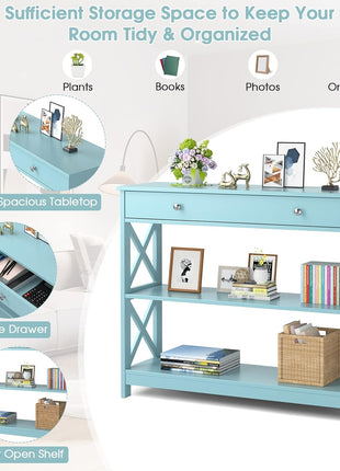 Console Table with Drawer and Storage Shelves, Narrow Sofa Table for Living Room, Easy Assembly, 3-Tier Entryway Table with Storage for Hallway (Green)