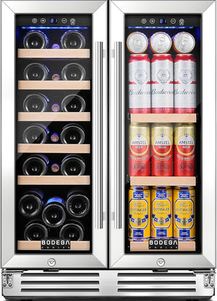 Wine and Beverage Refrigerator, 24 Inch Dual Zone Wine Cooler with Glass Door Hold 20 Bottles and 62 Cans, Freestanding or under Counter Wine Fridge with LED Ligh.