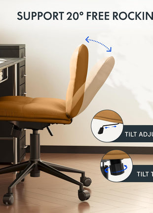 Cross Legged Office Chair for Vanity Desk Criss Cross Chair with Wheels Armless Office Chair Vanity Chair Comfy Wide Seat Cushion PU Leather(Brown)