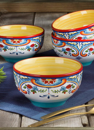 Zanzibar Double Bowl 16-Piece Dinnerware Set | Fine Kitchenware | Floral Multicolor Design Stoneware Tableware Service for 4