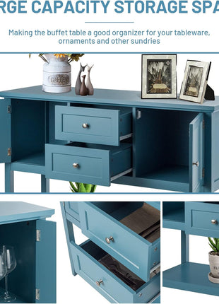 Buffet Sideboard, with 2 Wood Storage Drawers & Open Shelf, Console Table for Living Room Kitchen Dining Room Furniture (Blue)