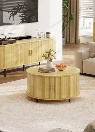 31.5" Modern round Coffee Table with 360° Curved Sliding Door.
