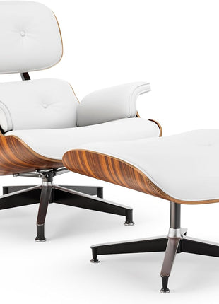 Mid-Century Chaise Lounge Chair and Ottoman for Living Room and Office with PU Leather and Strong Metal Base Support, 105° Fixed Tilting Angle of Back Rest Ergonomic Lumbar Support