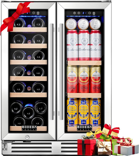 COOLER Wine Cellar with Glass Door,Dual Zone Wine Beverage Cooler,24 Inch Beverage Refrigerator under Counter Hold 19 Bottles and 57 Cans Soda Drinks,Compressor Cooling,Built-In Freestanding