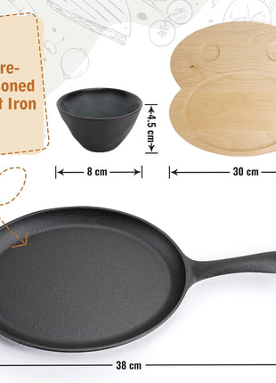– 10 Inch Cast Iron Fajita Pan/Grill Pan Set for Fajitas – Incl. Wooden Serving Tray + 2 Ceramic Dip Bowls (Set of 2)