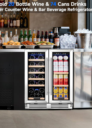 COOLER Wine Cellar with Glass Door,Dual Zone Wine Beverage Cooler,24 Inch Beverage Refrigerator under Counter Hold 19 Bottles and 57 Cans Soda Drinks,Compressor Cooling,Built-In Freestanding