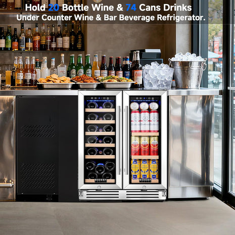COOLER Wine Cellar with Glass Door,Dual Zone Wine Beverage Cooler,24 Inch Beverage Refrigerator under Counter Hold 19 Bottles and 57 Cans Soda Drinks,Compressor Cooling,Built-In Freestanding