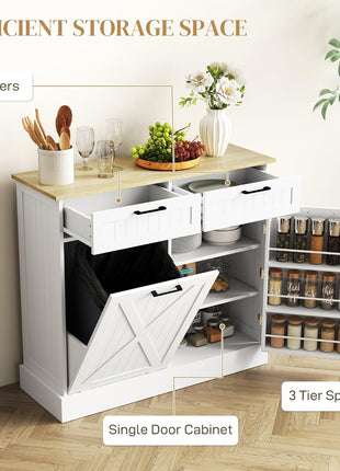 Farmhouse Tilt Out Garbage Cabinet, 10 Gallon Freestanding Kitchen Island with 2 Drawers and Spice Rack, Trash Cabinet with Storage for Dining Room, Hallway, White