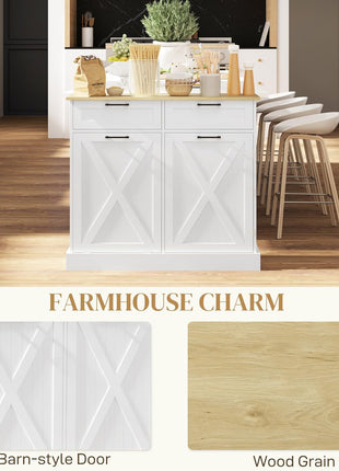 Farmhouse Tilt Out Garbage Cabinet, 10 Gallon Freestanding Kitchen Island with 2 Drawers and Spice Rack, Trash Cabinet with Storage for Dining Room, Hallway, White