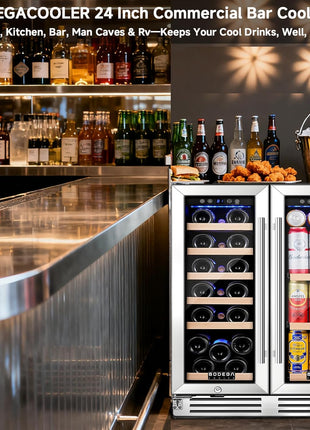 COOLER Wine Cellar with Glass Door,Dual Zone Wine Beverage Cooler,24 Inch Beverage Refrigerator under Counter Hold 19 Bottles and 57 Cans Soda Drinks,Compressor Cooling,Built-In Freestanding