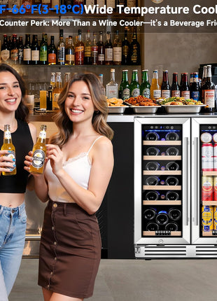 COOLER Wine Cellar with Glass Door,Dual Zone Wine Beverage Cooler,24 Inch Beverage Refrigerator under Counter Hold 19 Bottles and 57 Cans Soda Drinks,Compressor Cooling,Built-In Freestanding