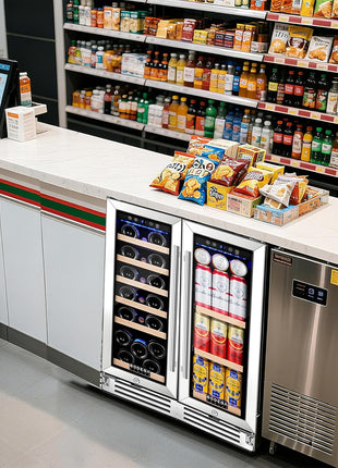 COOLER Wine Cellar with Glass Door,Dual Zone Wine Beverage Cooler,24 Inch Beverage Refrigerator under Counter Hold 19 Bottles and 57 Cans Soda Drinks,Compressor Cooling,Built-In Freestanding