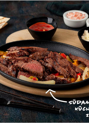 – 10 Inch Cast Iron Fajita Pan/Grill Pan Set for Fajitas – Incl. Wooden Serving Tray + 2 Ceramic Dip Bowls (Set of 2)