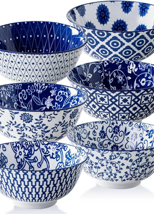 Ceramic Soup Bowls Set - 24 Oz Deep Cereal Bowl - 6 Inch Large Porcelain Dinner Bowl Eating Salad Pasta Dessert Oatmeal - Microwave Dishwasher Safe - Set of 6 - Vintage Blue