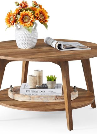 round Coffee Table, 2 Tier Coffee Table with Storage, for Living Room, 31.5 X 17.7 Inches, Easy to Assemble, Honey Brown ULCT243K41