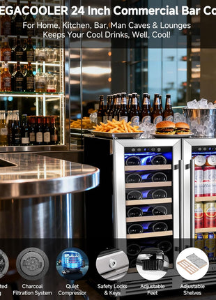 COOLER Wine Cellar with Glass Door,Dual Zone Wine Beverage Cooler,24 Inch Beverage Refrigerator under Counter Hold 19 Bottles and 57 Cans Soda Drinks,Compressor Cooling,Built-In Freestanding