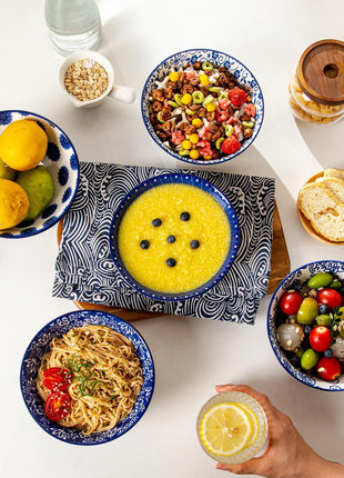 Ceramic Soup Bowls Set - 24 Oz Deep Cereal Bowl - 6 Inch Large Porcelain Dinner Bowl Eating Salad Pasta Dessert Oatmeal - Microwave Dishwasher Safe - Set of 6 - Vintage Blue