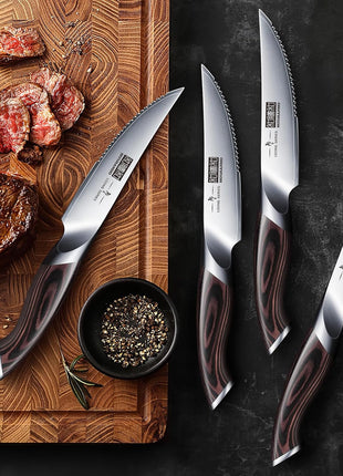 Steak Knives Set of 7, 4.5 Inch Serrated Steak Knife Set with Block, Japanese High Carbon Steel Kitchen Steak Knives with Ergonomic Handle