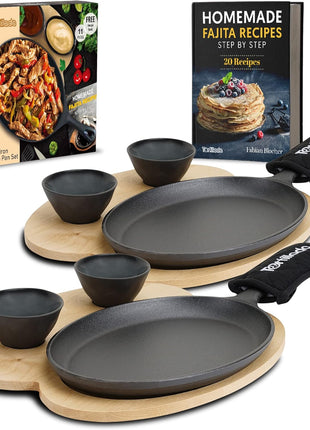 – 10 Inch Cast Iron Fajita Pan/Grill Pan Set for Fajitas – Incl. Wooden Serving Tray + 2 Ceramic Dip Bowls (Set of 2)