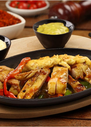 – 10 Inch Cast Iron Fajita Pan/Grill Pan Set for Fajitas – Incl. Wooden Serving Tray + 2 Ceramic Dip Bowls (Set of 2)