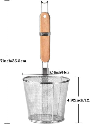 2 Pieces Pasta Strainer Basket Stainless Steel Fine Mesh Pasta Strainer Basket with Wooden Handle Good for Boiling Food Spaghetti Dumpling (Dia 5.5Inch/14Cm)