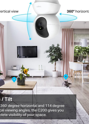 Tp-Link  Smart Pan/Tilt Indoor Security Camera, 360° Motion Tracking, 1080P Full HD Wifi Camera for Pet/Baby, Night Vision, 2-Way Audio, 128 GB Local Storage, Works W/Alexa & Google ( C200)