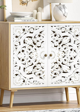 Accent Cabinet with 2 Doors, Carved Cabinet Decorative Sideboard Storage Cabinet with Adjustable Shelf, Entryway Cabinets for Kitchen with Storage Credenza