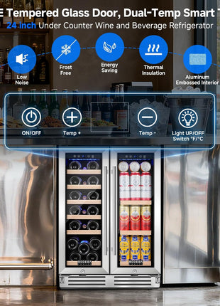 Wine and Beverage Refrigerator, 24 Inch Dual Zone Wine Cooler with Glass Door Hold 20 Bottles and 62 Cans, Freestanding or under Counter Wine Fridge with LED Ligh.