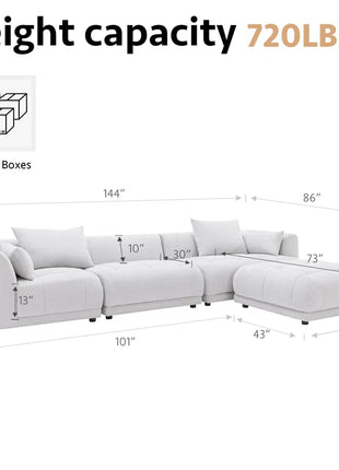 144" Modular Cloud Sectional Sofa with Ottoman – Oversized Plush L-Shaped Couch, Reversible Chaise & Adjustable Layout, Perfect for Living Room or Home Theatre
