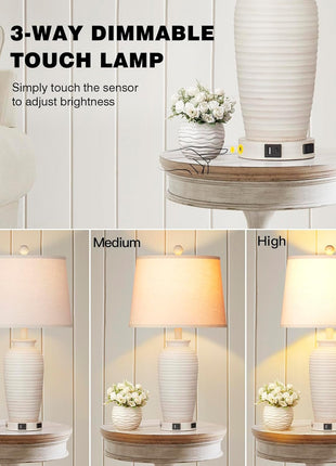 25" Farmhouse Jar Table Lamps Set of 2, 3 Way Touch Control Rustic Bedside Lamps with USB A+C Ports & AC Outlet, Pot Nightstand Lamps for Bedroom Living Room (LED Bulbs Included)
