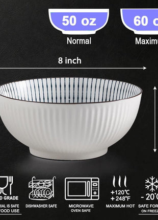 60 Oz Pho Bowls, Large Soup Bowl, Japanese Ramen Bowl Set, Big Porcelain Bowls Set of 3, 8 Inches