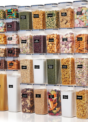 32Pcs Food Storage Container Set, Kitchen & Pantry Organizers and Storage, Plastic Airtight Pantry Container with Lids for Cereal, Flour and Sugar, Includes 32 Labels (Black) (32Pack)