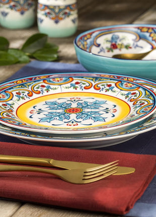 Zanzibar Double Bowl 16-Piece Dinnerware Set | Fine Kitchenware | Floral Multicolor Design Stoneware Tableware Service for 4