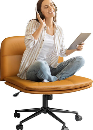 Cross Legged Office Chair for Vanity Desk Criss Cross Chair with Wheels Armless Office Chair Vanity Chair Comfy Wide Seat Cushion PU Leather(Brown)
