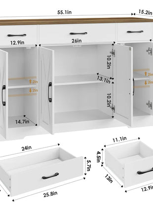 Adra 55.1'' Sideboard with 3 Drawers, Adjustable Shelves