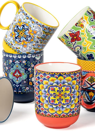 Coffee Mugs Set 14 Ounce - Multicolor Porcelain Cups for Latte, Hot Tea, Cappuccino, Cocoa, Soup, Dishwasher, Microwave Safe, Christmas Gift Set of 6 - Bohemian Style