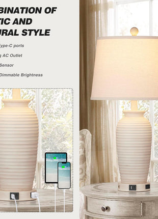 25" Farmhouse Jar Table Lamps Set of 2, 3 Way Touch Control Rustic Bedside Lamps with USB A+C Ports & AC Outlet, Pot Nightstand Lamps for Bedroom Living Room (LED Bulbs Included)