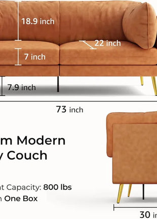 Faux Leather 73" Mid-Century Modern Couch with Extra Deep Seat Comfort Armrest