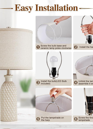 Ceramic Table Lamps Set of 2, Farmhouse 24.8" Bedside Lamps with 3-Color Temperature, Modern Nightstand Lamp Desk Reading Lamp with Fabric Drum Shade for Bedroom, Living Room, Office, 2 Bulbs Included