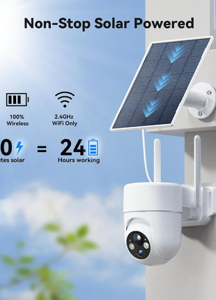 Solar Security Cameras Wireless Outdoor, 2K Outdoor Security Camera, 360° PTZ Camera Surveillance Exterieur, 4X Zoom, Battery Powered, 2.4Ghz Wifi Solar Camera, PIR Motion Detection, 2 Pack