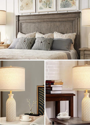 Ceramic Table Lamps Set of 2, Farmhouse 24.8" Bedside Lamps with 3-Color Temperature, Modern Nightstand Lamp Desk Reading Lamp with Fabric Drum Shade for Bedroom, Living Room, Office, 2 Bulbs Included