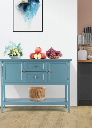 Buffet Sideboard, with 2 Wood Storage Drawers & Open Shelf, Console Table for Living Room Kitchen Dining Room Furniture (Blue)