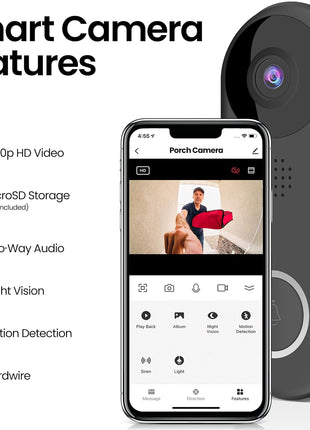 Doorbell Camera, Wireless Video Doorbell, 2.4 Ghz Wifi, No Hub, Two-Way Audio, Motion Detection, Night Vision, 1080P HD, Micro SD Card Storage, Wired, Cam/Door/Wifi
