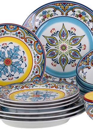 Zanzibar Double Bowl 16-Piece Dinnerware Set | Fine Kitchenware | Floral Multicolor Design Stoneware Tableware Service for 4